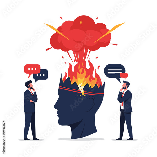 Two businessmen observing a human head exploding in a fiery and explosive burst of frustration and anger