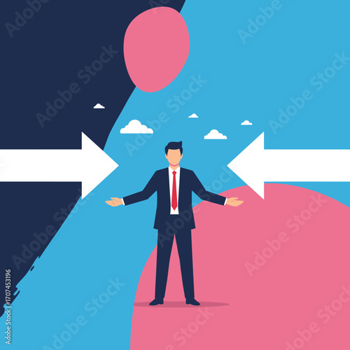 Business Man Standing Between Opposing Arrows Symbolizing Conflict Resolution And Decision Making