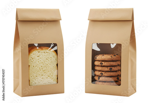 Two paper bags with bread and cookies isolated on transparent background
