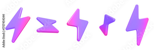 3d set neon charger symbol. Holographic sign thunder. Symbol of energy, danger. Minimalistic electrical discharge. Stock vector illustration on isolated background.	
