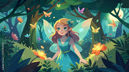 Enchanted forest fairy girl surrounded by glowing butterflies and soft greenery, bringing magic and innocence to a dreamy vector scene.