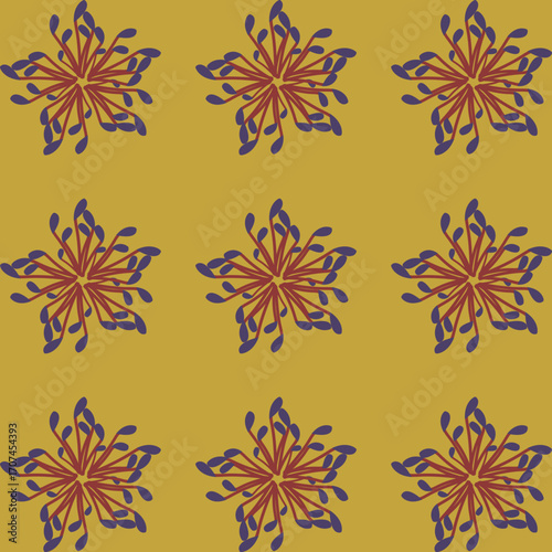Seamless floral pattern with geometric flowers and leaves suitable for textile wallpaper and digital design.