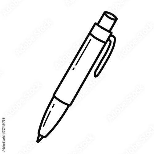 Simple hand drawn black and white illustration of a ballpoint pen on a white background