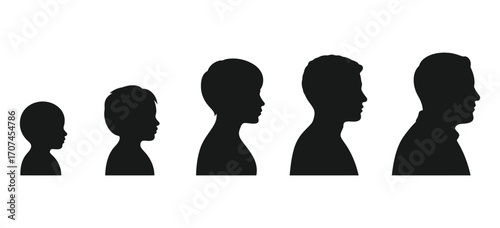 Silhouette illustration showing male human growth stages from childhood to adulthood side profile