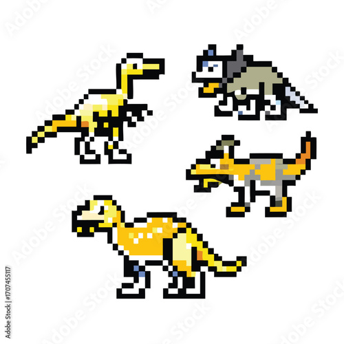 Dinosaur 8-Bit Pixel Art Icon Set. Collection of 4 Retro Prehistoric Monster Sprites