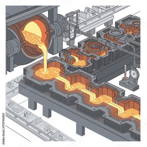 Molten metal flows through industrial casting molds in a dynamic manufacturing process