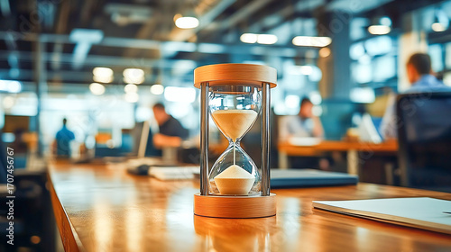 Close up of hourglass on a desk in an office with people working behind on blurred background