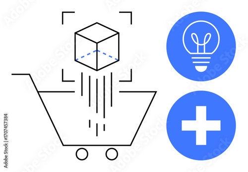 Abstract shopping cart, 3D cube, light bulb, and plus icon. Ideal for e-commerce, innovation, AI, digital tools, technology 3D modeling simple landing page