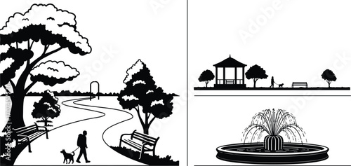 park, pathway, bench, tree, gazebo, fountain, water, walking, dog, leisure, outdoor, urban, city, vector, black, white, landscape, recreation, public, design