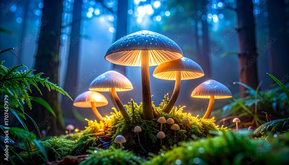 Fototapeta premium A hyper-realistic, macro shot of a bioluminescent mushroom cluster glowing in a dark, misty forest, its intricate gills and dewy cap illuminated by soft,