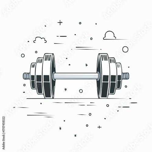 Dumbbell rests on the floor in a minimalist style, surrounded by abstract shapes, conveying a sense of fitness and simplicity.