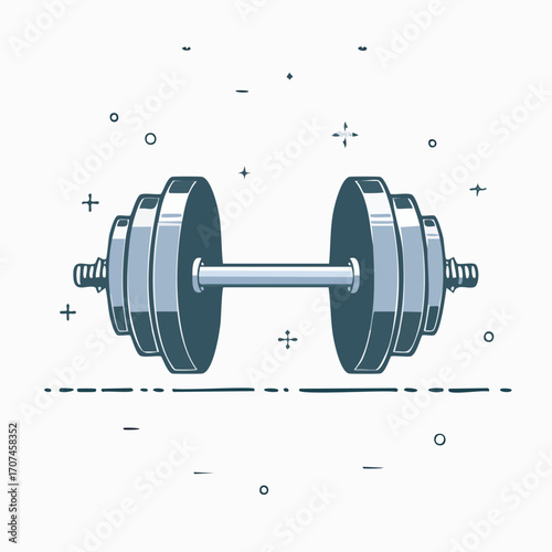 Dumbbell sits centered on white surface, ready for workout, representing fitness and exercise for healthy lifestyle.