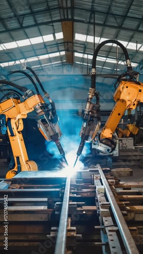  industrial robotic arms performs welding metal surface in modern factory. Industry 4.0