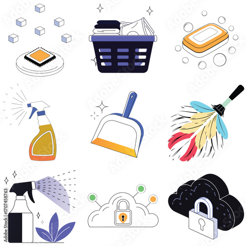 cleaning supplies and tools for household chores