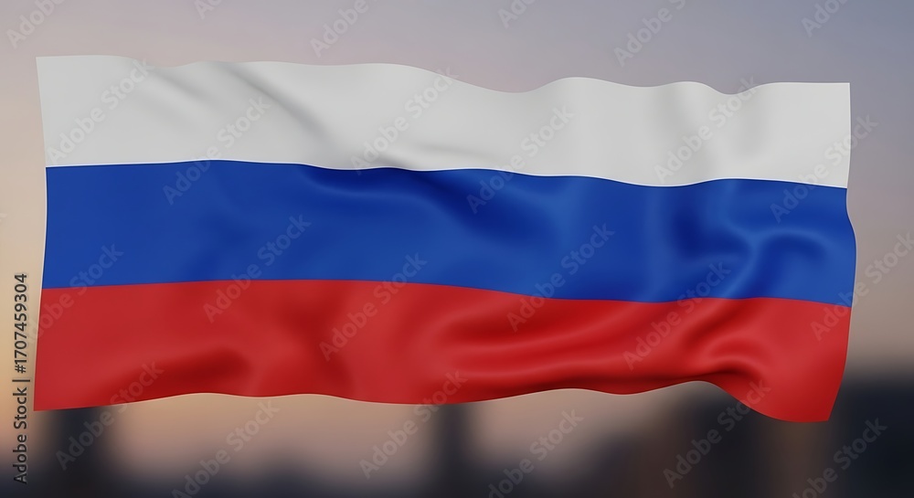 Naklejka premium Waving Russian Flag Against a Blurred Outdoor Background.