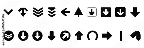 Down Arrow Vector Icon Set with Scroll Symbols and Navigation Signs. Minimal Flat Style Arrow Graphics for UI, Web, App Interfaces, or Infographic Design Elements
