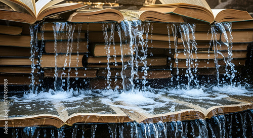 A cascade of knowledge Books transformed into a unique waterfall, symbolizing the flow of information and learning