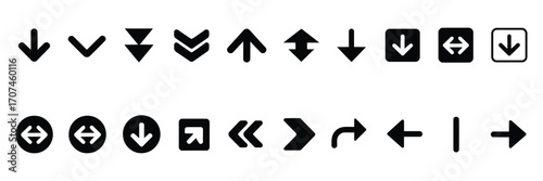 Down Arrow Vector Icon Set with Scroll Symbols and Navigation Signs. Minimal Flat Style Arrow Graphics for UI, Web, App Interfaces, or Infographic Design Elements