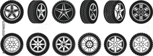 Car tire silhouette, wheel rim design, automotive icon, tread pattern, black vector, vehicle part, alloy style, transportation graphic