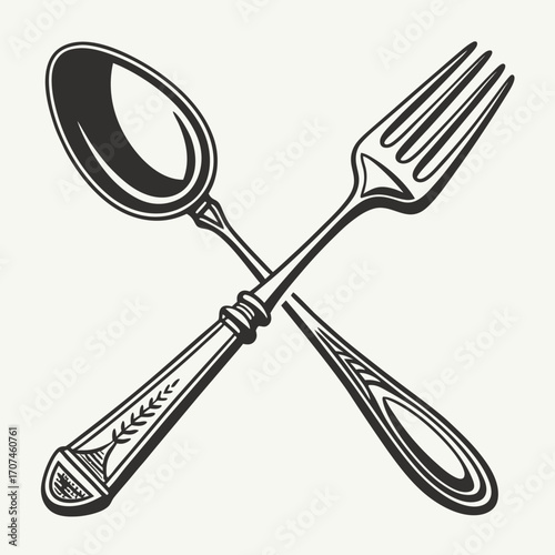 Vintage spoon and fork cutlery kitchen silverware dining utensil restaurant food cooking equipment illustration | editable eps