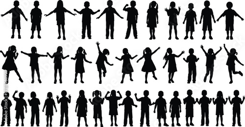 Child silhouette set, playful pose icons, expressive movement, black vector, youth gesture, casual clothing, standing figure, fun activity