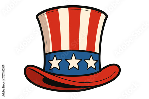 Patriotic American top hat cartoon vector illustration. Uncle Sam hat with USA flag stars and stripes. Icon for 4th of July, Independence Day celebration decoration.