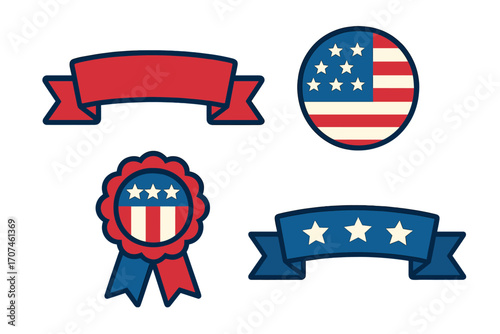 USA patriotic banner ribbon set. American flag badge and award symbol collection. Flat vector illustration for 4th of July, Independence Day, Memorial Day, and election vote.