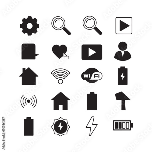 Colorful Media and Internet Icons Set – Play, Cloud, Settings, Search, WiFi, Upload.