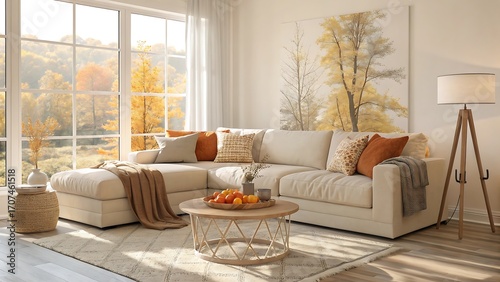Cozy modern living room interior with neutral colors and autumnal decor elements