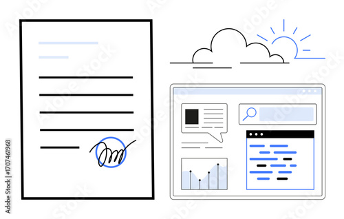Signed document with digital signature and online interface showing graphs, search bar, data, and text. Ideal for online business, contracts, analytics, research, remote work workflow simple