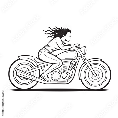 Continuous Simple black line art drawing of a motorcycle in a minimalist style on a white background.