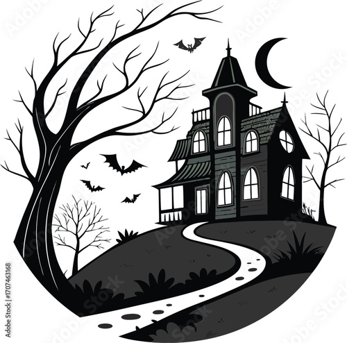 Halloween haunted house Vector File, Halloween night vector Design File, Dark spooky house File