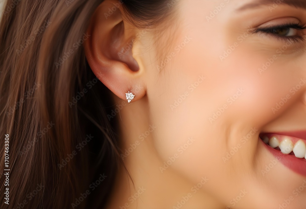 Obraz premium Close-up of Woman's Ear with Delicate Diamond Stud Earrings