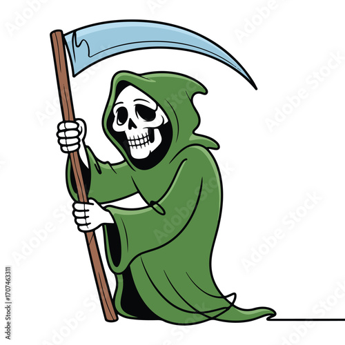 Continuous Simple black line art drawing of a Grim reaper in a minimalist style on a white background.