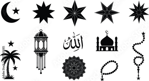 Islamic, symbol, crescent, star, mosque, lantern, calligraphy, Allah, prayer, bead, palm, tree, floral, geometric, vector, black, white, cultural, religious, design