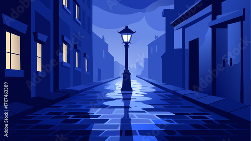 A blue city street with a street light