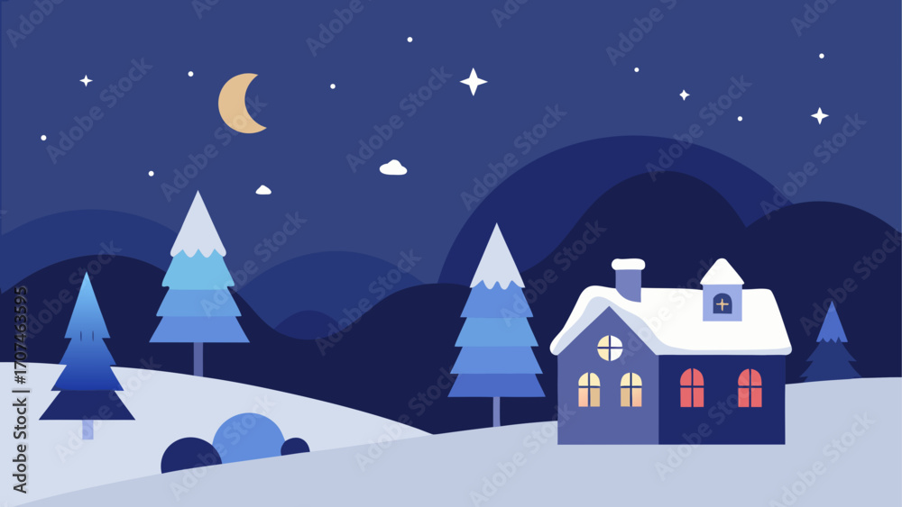 Fototapeta premium Winter landscape with house and trees art