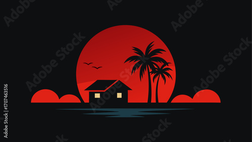 Silhouette house with palms at sunset scene