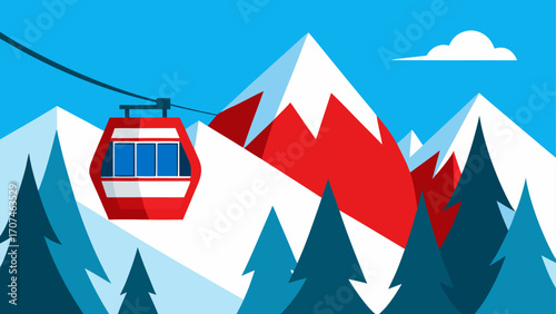 Red gondola in the snowy mountain scenery