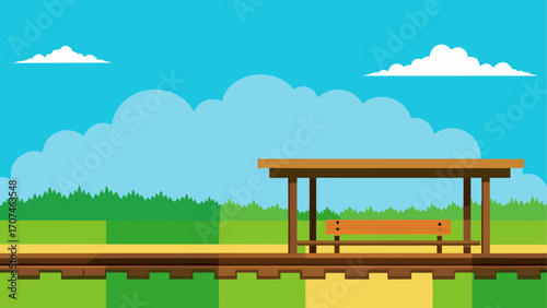 Cartoon train station with clouds and bench