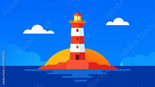 A lighthouse on an island with blue sky
