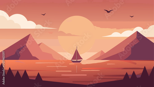 Sunset landscape with boat and mountains