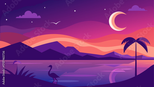 Landscape view with moon and bird at night