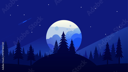 Night landscape with moon and pine trees