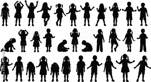 Children silhouette, playful poses, jumping kids, sitting figures, dancing movement, black vector, human posture, childhood activity, gesture illustration, group layout
