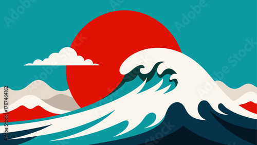 Illustration of a wave with sun and cloud