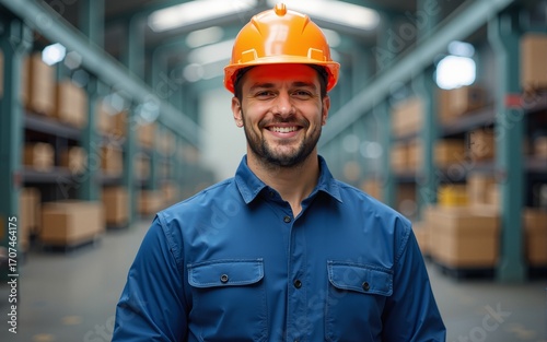 Handsome smiling caucasian hardworking blue collar worker in protective suit and with hardhat on head standing in factory. High quality