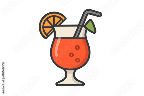 Cocktail summer drink vector icon. Tropical alcohol beverage in glass with orange slice and straw. Flat cartoon illustration for bar menu, party invitation or logo design.