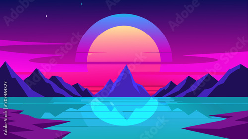 Retro landscape with sun and mountains view