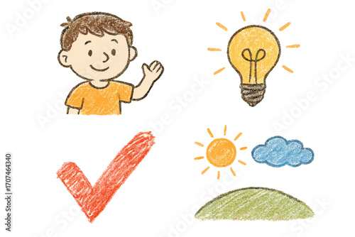 Child's crayon drawing doodle set. Cute boy waving, idea lightbulb, success check mark, simple nature landscape. Hand-drawn colored pencil sketch cartoon illustration elements.